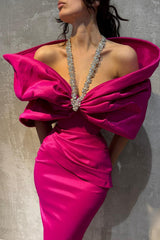 Column Satin Halter Half Sleeve Pink Prom Dress Formal Dress With Bow Knot