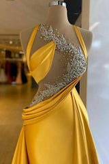 Column Satin Halter Sleeveless Yellow Formal Dress With Beading