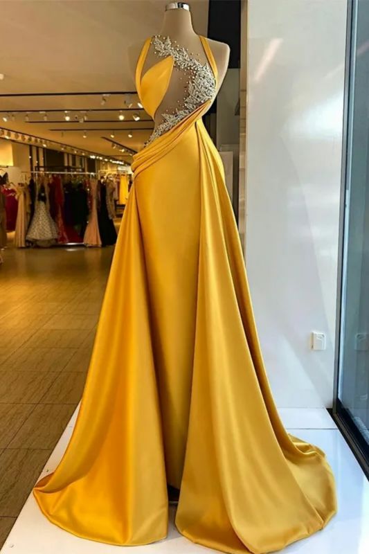 Column Satin Halter Sleeveless Yellow Formal Dress With Beading