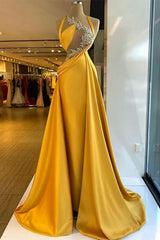 Column Satin Halter Sleeveless Yellow Formal Dress With Beading
