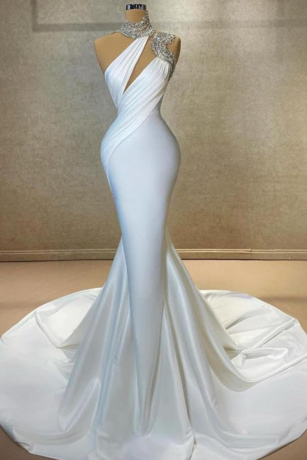Column Satin High Neck Sleeveless White Wedding Dress Prom Dress With Ruffles
