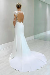 Column Satin Lace Long Sleeve White Wedding Dress Bridal Gown With Appliques