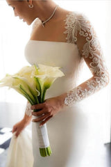 Column Satin Lace Long Sleeve White Wedding Dress Bridal Gown With Appliques