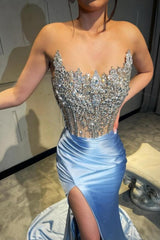 Column Satin Lace Sleeveless Formal Dress With Split