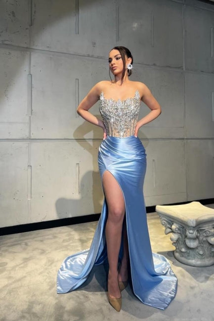 Column Satin Lace Sleeveless Formal Dress With Split