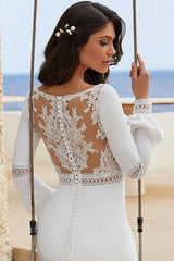 Column Satin Long Sleeve White Wedding Dress Bridal Gown With Appliques