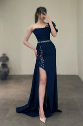 Column Satin One Shoulder Sleeveless Formal Dress With Sequined Split