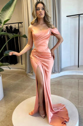 Column Satin One Shoulder Sleeveless Formal Dress With Slit