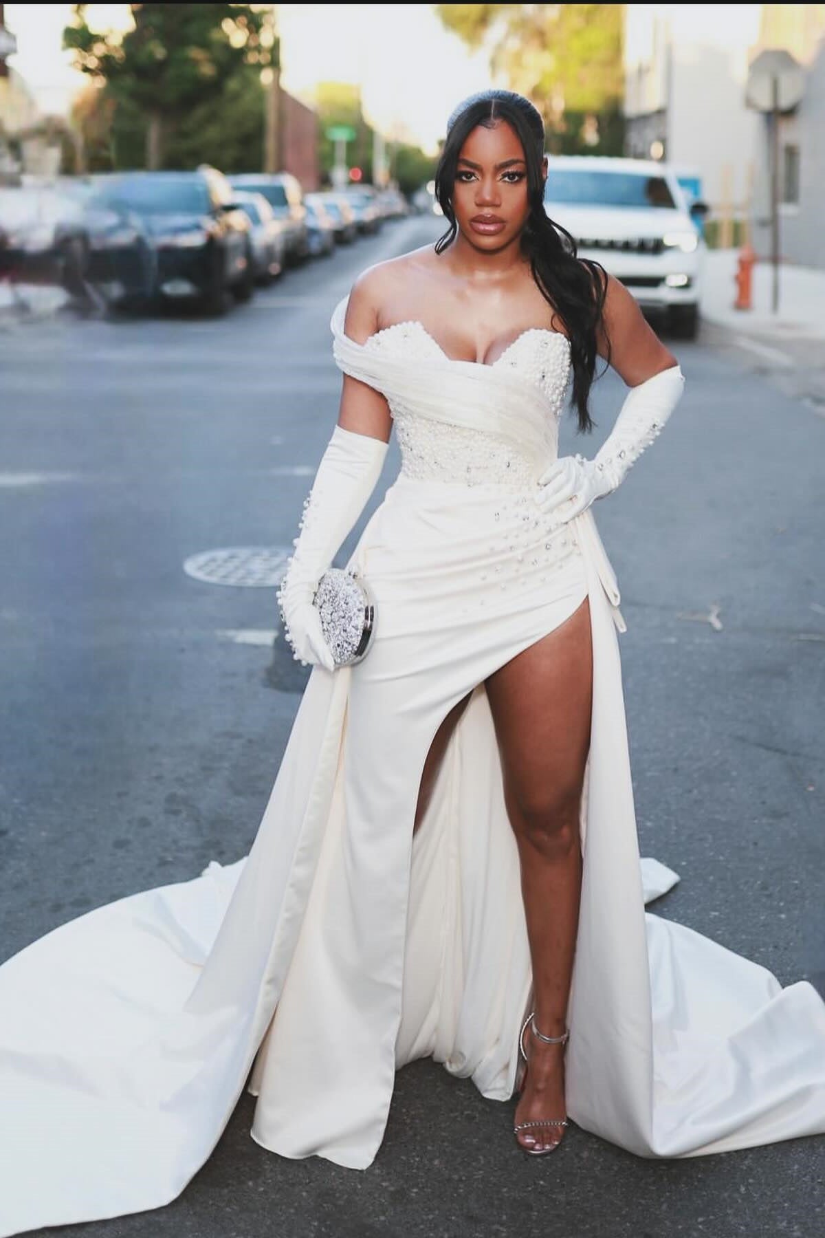 Column Satin One Shoulder Sleeveless White Wedding Dress Bridal Gown With Beading Split Train