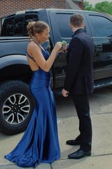 Column Satin Scoop Sleeveless Blue Prom Dress Formal Dress With Appliques Slit