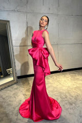 Column Satin Scoop Sleeveless Formal Dress With Bow Knot
