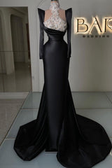Column Satin Sleeve Black Prom Dress Formal Dress With Rhinestone Train