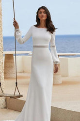 Column Satin Sleeve White Wedding Dress Bridal Gown With Appliques