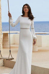 Column Satin Sleeve White Wedding Dress Bridal Gown With Appliques