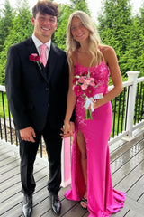 Column Satin Spaghetti Straps Sleeveless Pink Prom Dress Formal Dress With Appliques Slit
