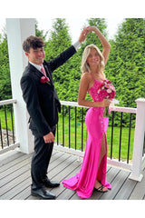 Column Satin Spaghetti Straps Sleeveless Pink Prom Dress Formal Dress With Appliques Slit