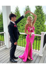 Column Satin Spaghetti Straps Sleeveless Pink Prom Dress Formal Dress With Appliques Slit