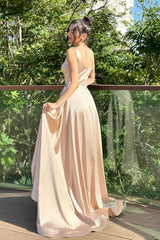 Column Satin Square Sleeveless Formal Dress With Split Train