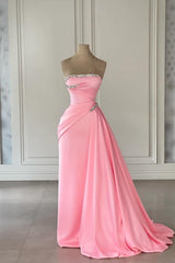 Column Satin Strapless Sleeveless Pink Prom Dress Formal Dress With Rhinestone