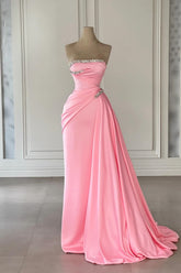 Column Satin Strapless Sleeveless Pink Prom Dress Formal Dress With Rhinestone