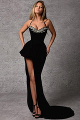 Column Satin Sweetheart Sleeveless Black Prom Dress Formal Dress With Slit