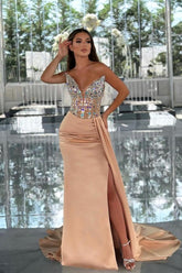 Column Satin V Neck Sleeveless Formal Dress With Beading