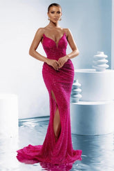 Column Sequined V Neck Sleeveless Formal Dress With Slit
