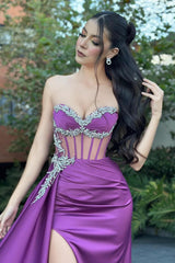 Column Tulle Satin Sweetheart Sleeveless Formal Dress With Slit