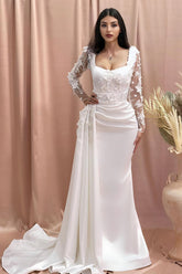 Column Wedding Dress Off The Shoulder Long Sleeve Appliques Satin Lace Bridal Gown