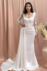 Column Wedding Dress Off The Shoulder Sleeve Appliques Satin Lace Bridal Gown