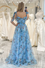 Convertible Blue Prom Dress A Line Tulle Long Evening Dress