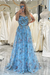 Convertible Blue Prom Dress A Line Tulle Long Evening Dress