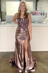 Copper Sequined Mermaid Spaghetti Straps Long Formal Dress With Slit