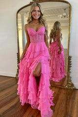 Coral Prom Dress A Line Tiered Chiffon Long Evening Dress with Lace