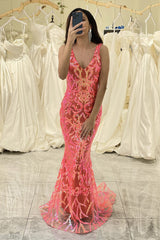 Coral Prom Dress Mermaid Backless Long Evening Dress With Sequined Appliques