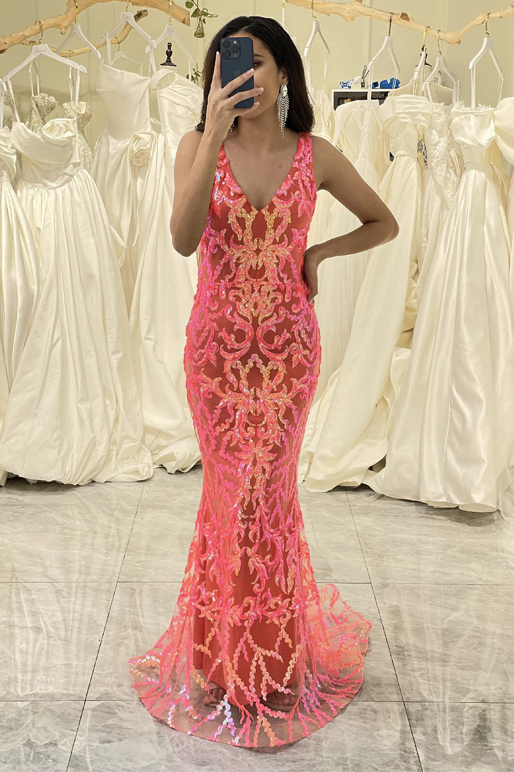 Coral Prom Dress Mermaid Backless Long Evening Dress With Sequined Appliques