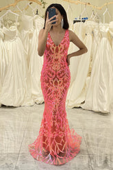 Coral Prom Dress Mermaid Backless Long Evening Dress With Sequined Appliques