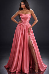 Coral Satin A Line Prom Dress with Basque Waist and High Slit