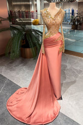 Coral Satin Prom Dress with Beaded Long Sleeves and Draped Train