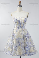 Dusty Blue Floral Jacquard Strapless Corset A-Line Short Homecoming Dress