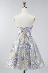 Corset Floral Dusty Blue A Line Jacquard Short Strapless Homecoming Dress