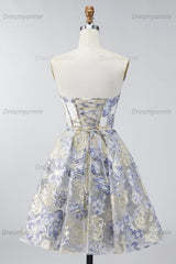 Dusty Blue Floral Jacquard Strapless Corset A-Line Short Homecoming Dress