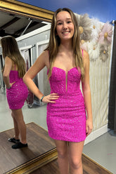 Corset Fuchsia Homecoming Dress Sequin Tight Short Prom Dress