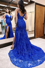 Corset Long Royal Blue Prom Dress Mermaid Lace Formal Dress With Slit
