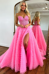 Corset Prom Dress A Line Sweetheart Tiered Long Evening Dress with Lace