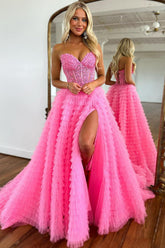Corset Prom Dress A Line Sweetheart Tiered Long Evening Dress with Lace