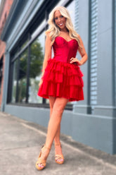 Corset Red Homecoming Dress Sweetheart Short Prom Dress With Ruffles