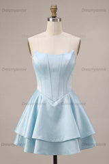 Corset Satin Ruffled Sky Blue A Line Short Homecoming Dress