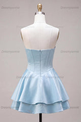Corset Satin Ruffled Sky Blue A Line Short Homecoming Dress