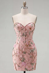 Corset Tight Short Sparkly Beaded Pink Floral Homecoming Dress